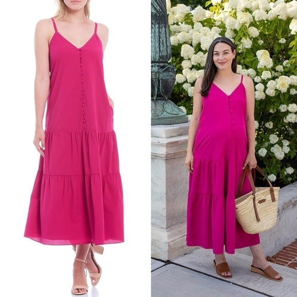 NWT TED BAKER Barbie Pink Sleeveless Button Front Tiered Ruffle Hem Midi Dress 2 - Picture 5 of 12